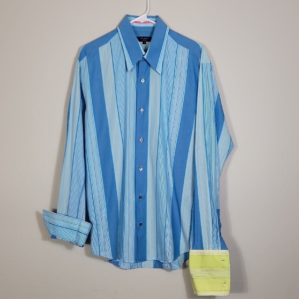 Ted Baker Mens Striped Button Up Shirt Size 4 Large Blue Contrast Cuff Long Slee